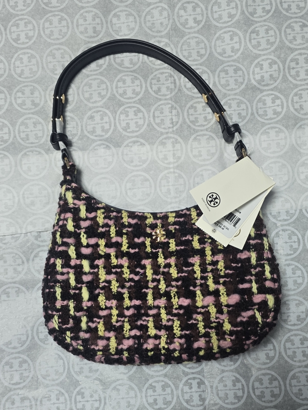 Tory Burch Black, Pink & Green Tweed Hobo Shoulder Bag